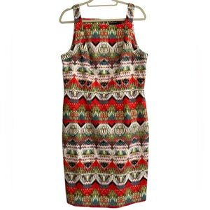 Maggy London Ikat Stipe Woven Boho Sheath Dress Square Neck Size 14